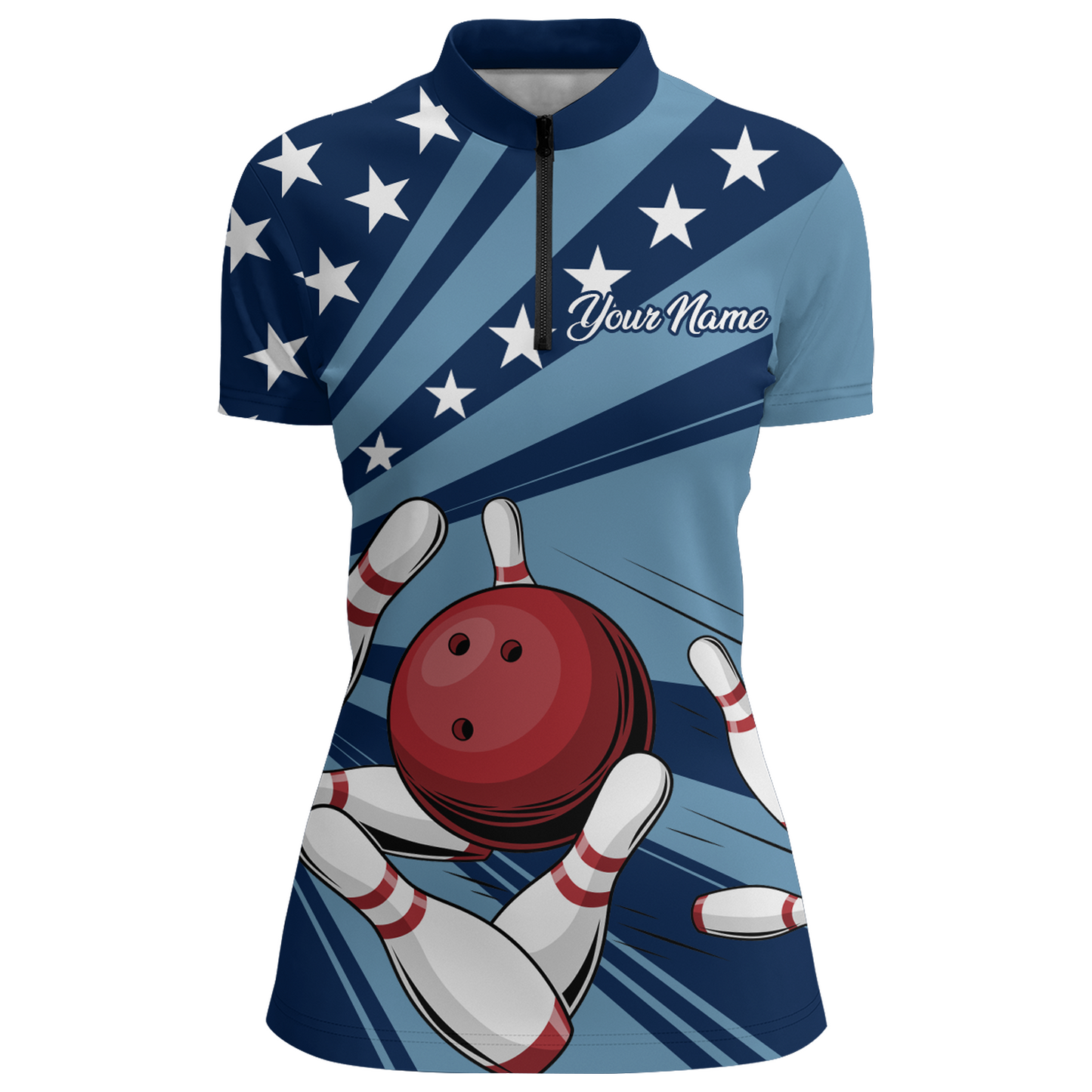 Custom Navy Bowling Jersey For Women American Flag Bowling Team Shirt Bowling Quarter-Zip Shirt BDT309