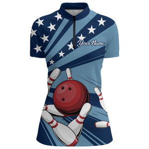 Custom Navy Bowling Jersey For Women American Flag Bowling Team Shirt Bowling Quarter-Zip Shirt BDT309