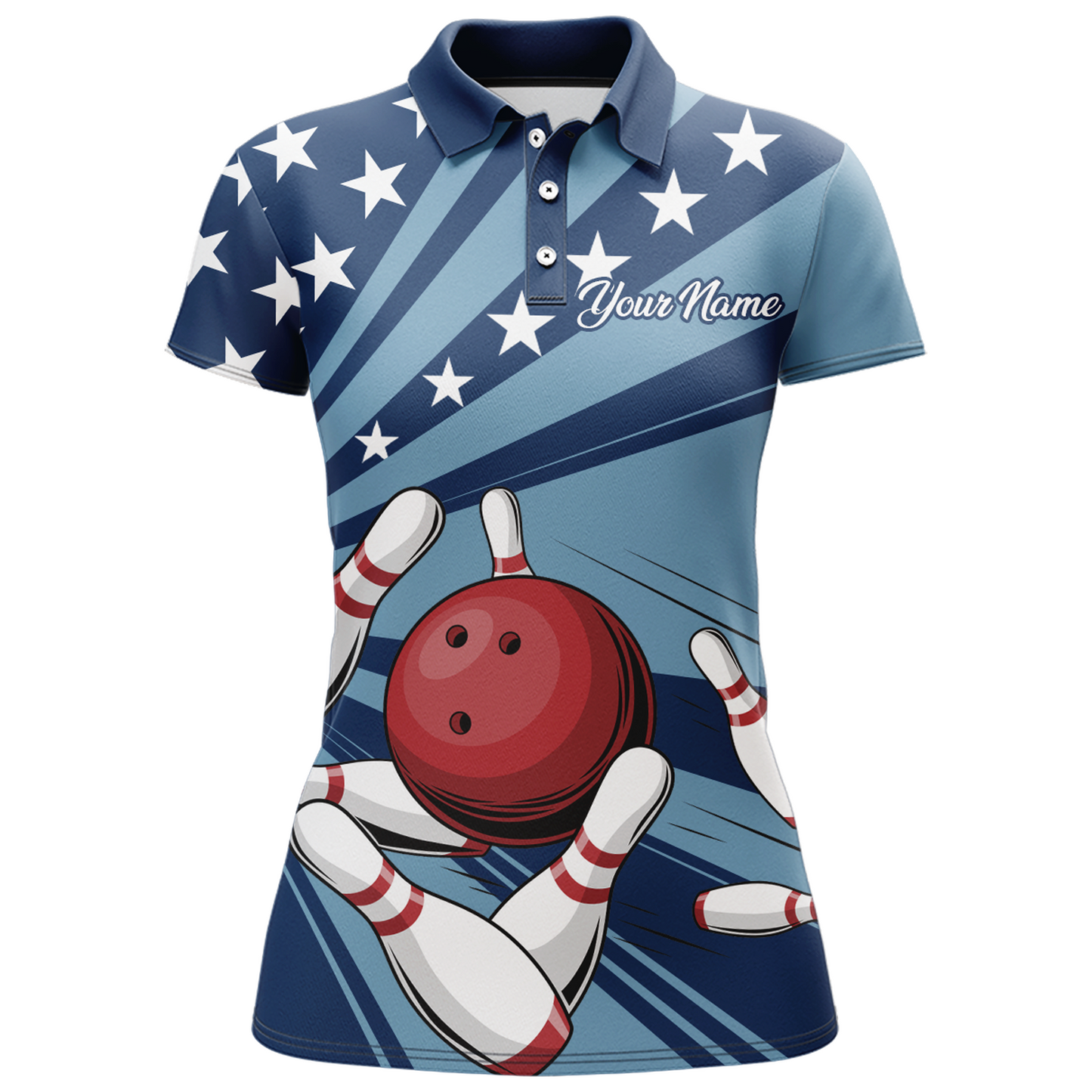 Custom Navy Bowling Jersey For Women American Flag Bowling Team Shirt Bowling Polo Shirt BDT309