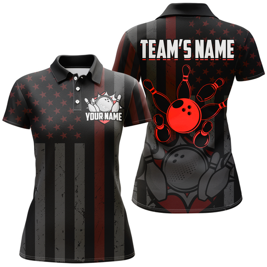Custom Red Bowling Shirts Men & Women American Bowling Team Jersey Polo Patriotic BDT567
