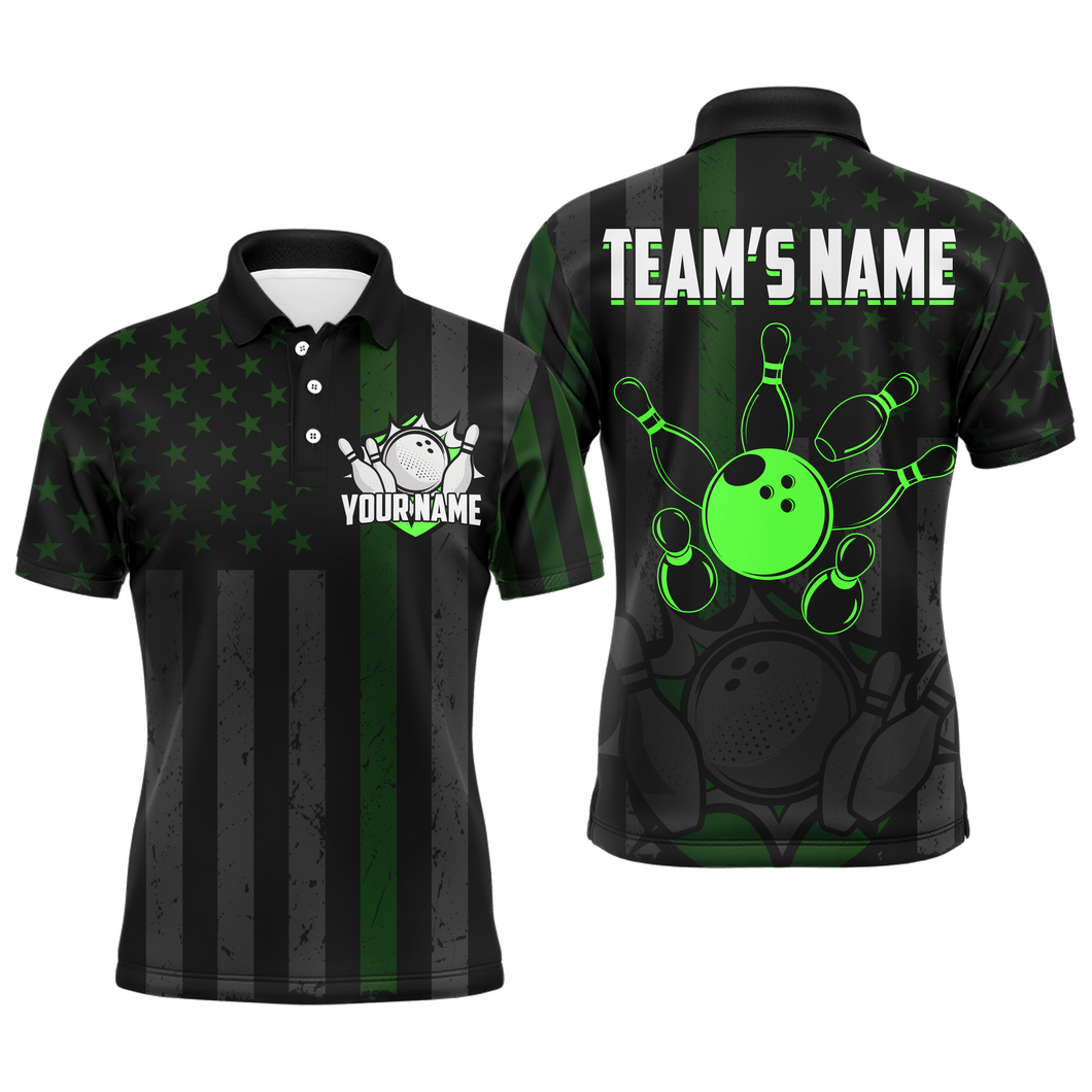 Custom Green Bowling Shirts Men & Women American Bowling Team Jersey Polo Patriotic BDT567