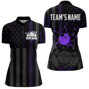 Custom Purple Bowling Shirts Men & Women American Bowling Team Jersey Quarter-Zip Patriotic BDT567