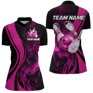 Pink Bowling Shirt Personalized Men & Women Bowling Team Jersey Bowling 1/4 Zip Shirts BDT570