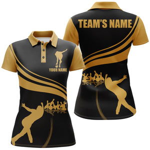 Personalized Bowling Women Polo Shirt Black and Gold Bowlers Custom Team Short Sleeves Shirt BDT13