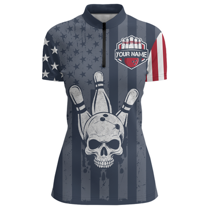 American Flag Bowling Shirt Women Skull Bowling Jersey Team Custom Bowling Quarter-Zip Shirt BDT379