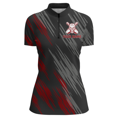 Skull Bowling Quarter-Zip Shirt For Women Black&Red Bowling Jersey Bowling Team Shirt BDT159