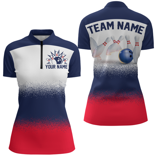 Navy Red White Bowling Shirt For Men & Women Bowling Team Jersey 1/4 Zip Bowling Outfit BDT575