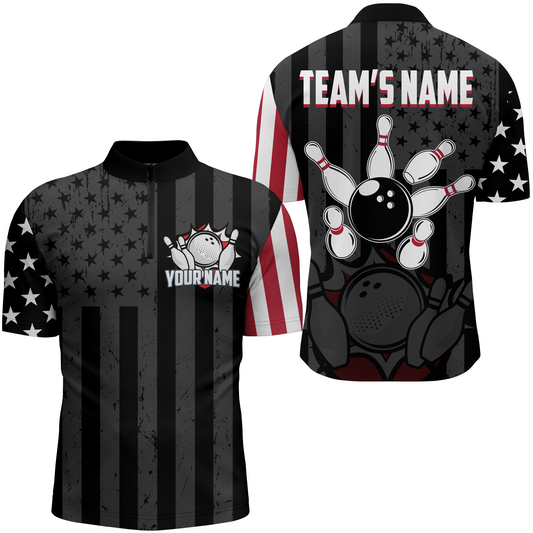 Custom American Bowling Shirt For Men Black Bowling Jersey Team League Bowling 1/4 Zip Shirt BDT334