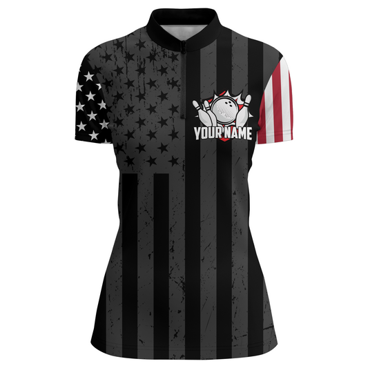 Custom American Bowling Shirt For Women Black Bowling Jersey Team League Bowling 1/4 Zip Shirt BDT334