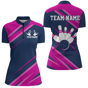 Custom Navy&Pink Bowling Shirt For Men & Women Bowling Team Jersey 1/4 Zip Bowling Shirts Unisex BDT581