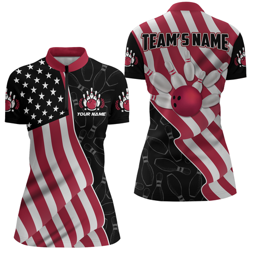 American Flag Bowling Shirts Women Team Bowling Jersey Custom Black Bowling Quarter-Zip Shirt BDT372