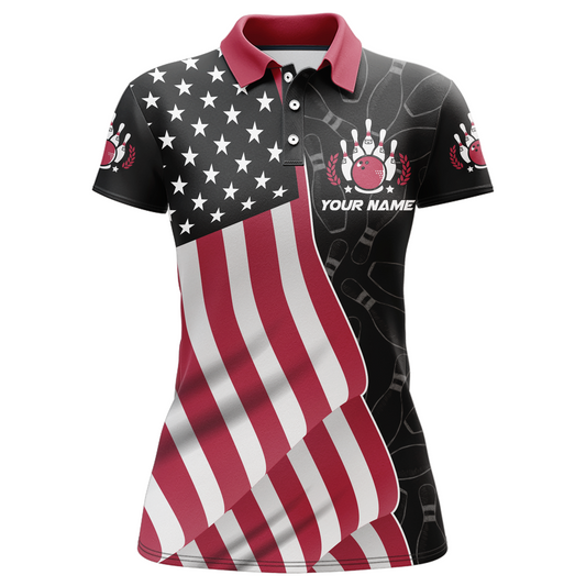 American Flag Bowling Shirts Women Team Bowling Jersey Custom Black Bowling Polo Shirt BDT372