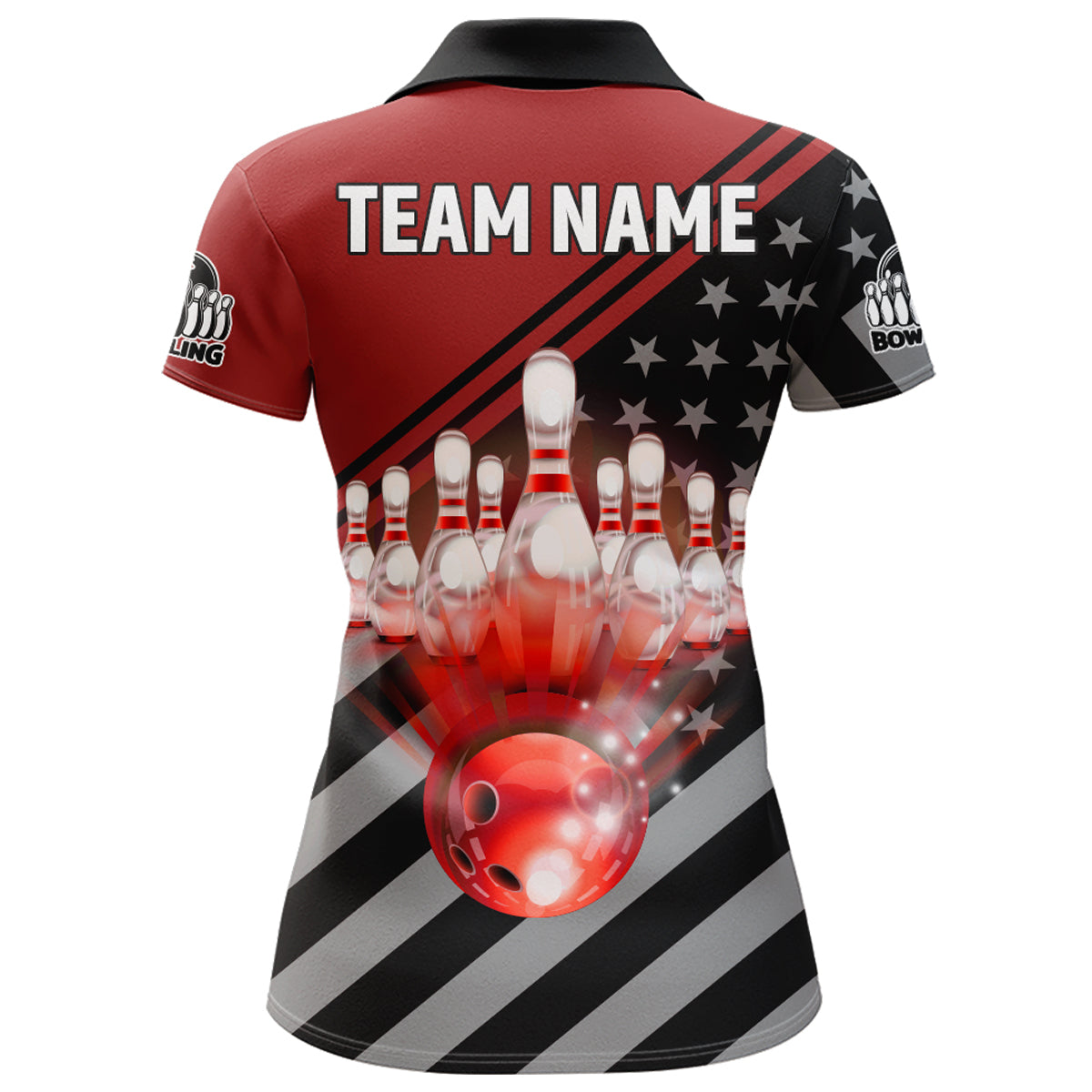 Red&Black Bowling Jersey For Women Custom Bowling Shirt American Flag Bowling Polo Shirt BDT282