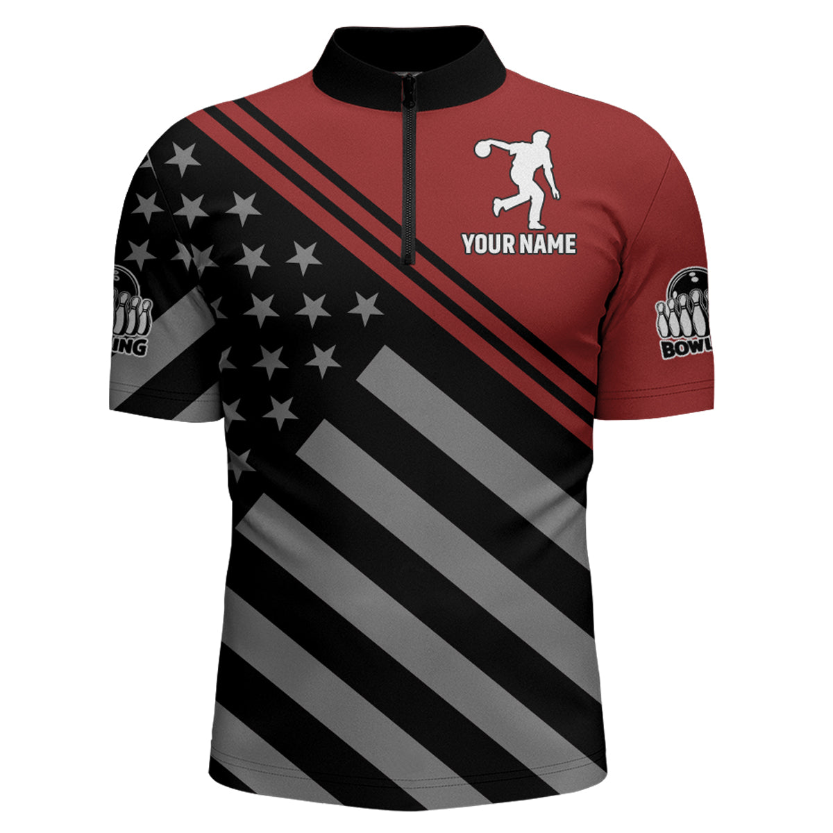 Red&Black Bowling Jersey Men Custom Bowling Shirt American Flag Bowling Quarter-Zip Shirt BDT282