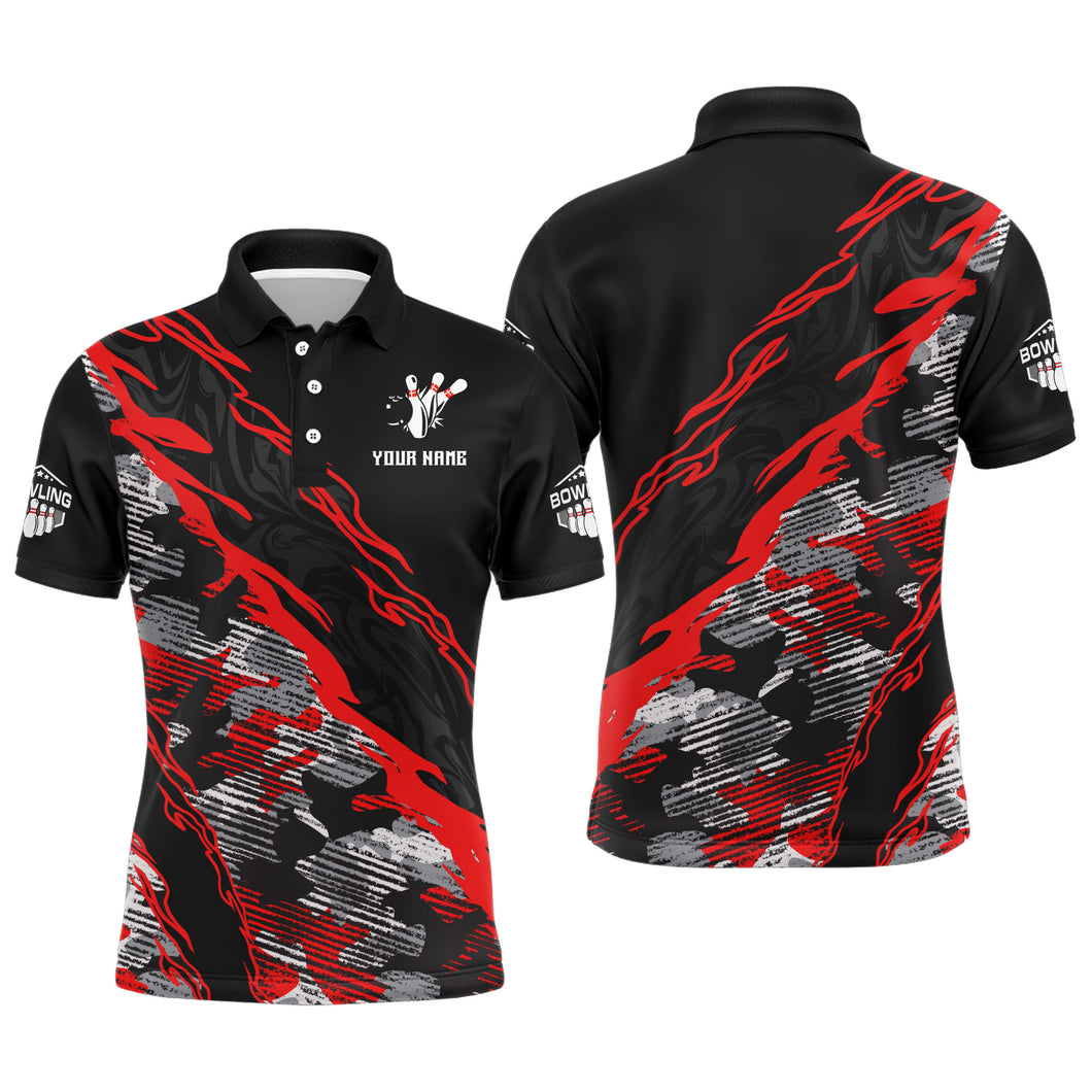 Custom Bowling Shirt for Men Red Camo Bowling Jersey Flame Bowling Polo Shirt BDT260