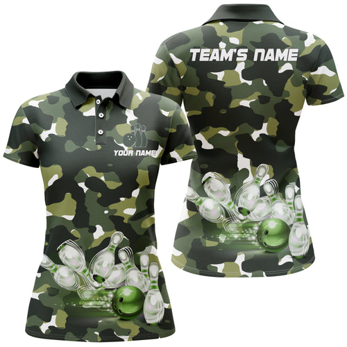 Green Camo Bowling Shirts For Women Custom Bowling Polo Shirt Team Ladies Bowling Jerseys BDT248