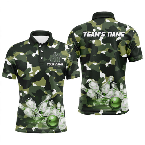 Green Camo Bowling Shirts For Men Custom Bowling Polo Shirt Team Bowling Jerseys BDT248