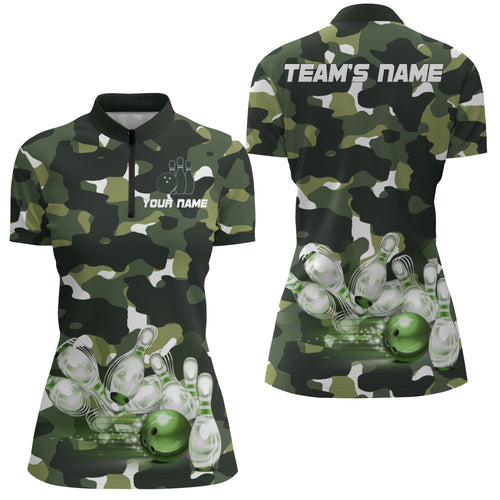 Green Camo Bowling Shirts For Women Custom Bowling Quarter-Zip Shirt Team Bowling Jerseys BDT248