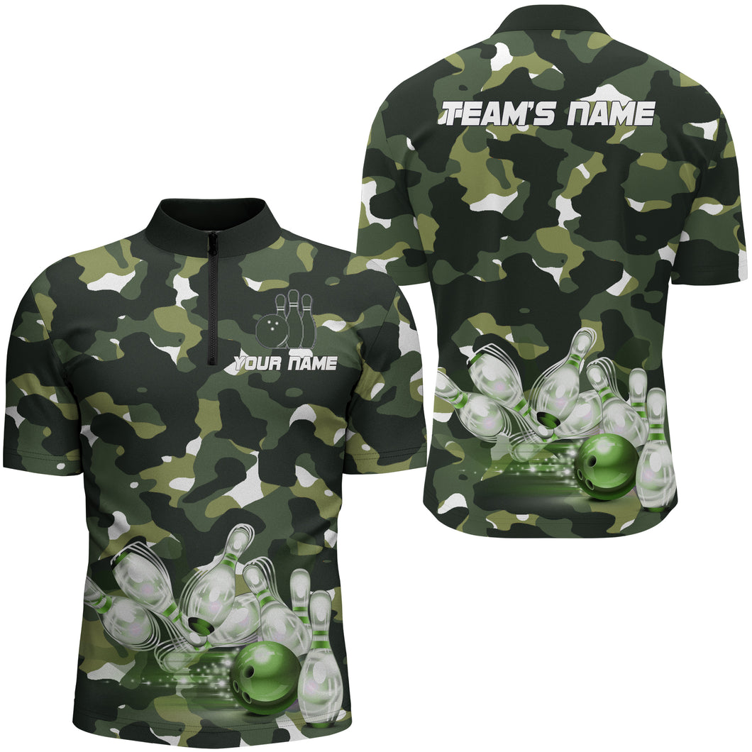 Green Camo Bowling Shirts For Men Custom Bowling Quarter-Zip Shirt Team Bowling Jerseys BDT248