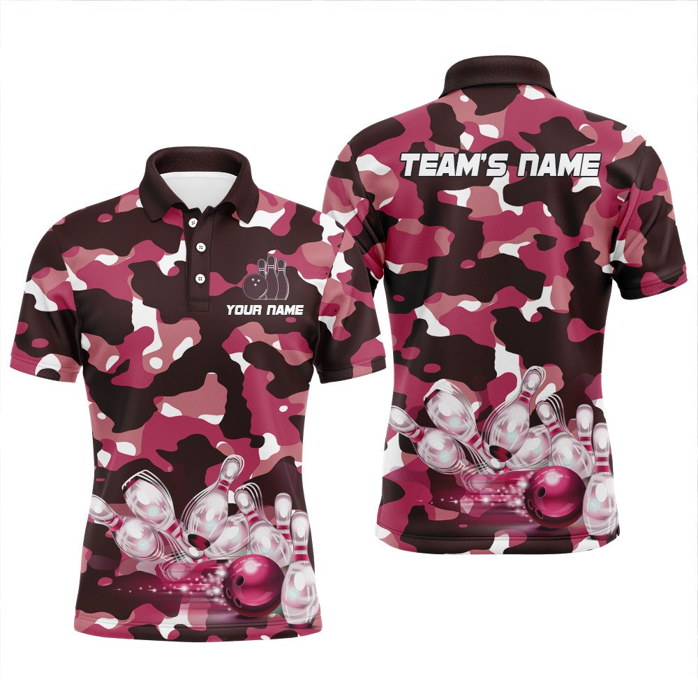 Pink Camo Bowling Shirts For Men Custom Bowling Polo Shirt Team Bowling Jerseys BDT249