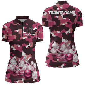 Pink Camo Bowling Shirts For Women Custom Bowling Quarter-Zip Shirt Team Bowling Jerseys BDT249