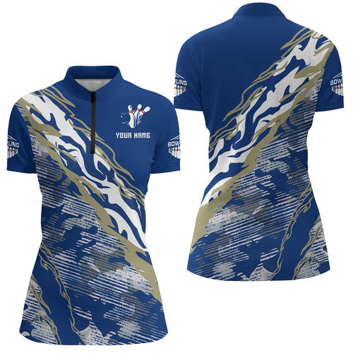 Custom Bowling Shirt for Women Blue Camo Bowling Jersey Flame Bowling Quarter-Zip Shirt BDT261