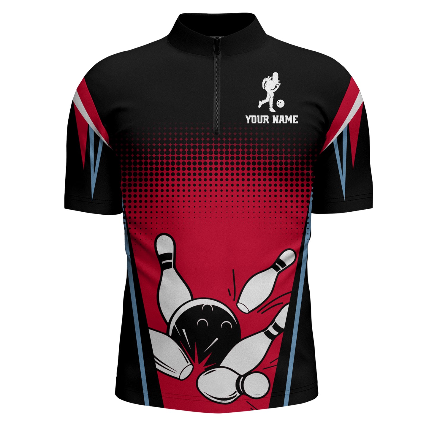 Custom Bowling Quarter-Zip Shirt Black&Red Bowling Jersey For Men Custom Bowling Team Shirts BDT256