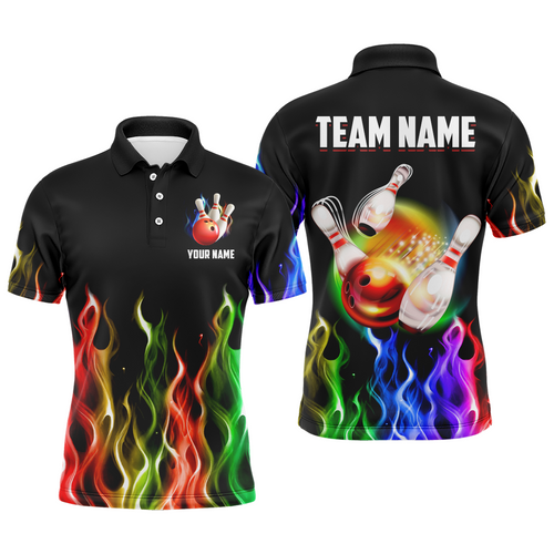 Rainbow Flame Bowling Jersey For Men Personalized Bowling Team Shirts Bowling Polo Shirt BDT324