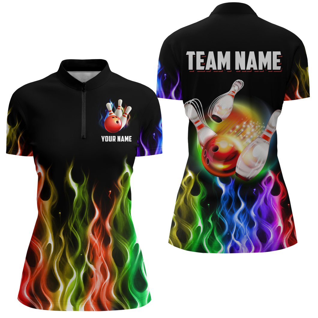 Rainbow Flame Bowling Jersey Women Personalized Bowling Team Shirts Bowling Quarter-Zip Shirt BDT324