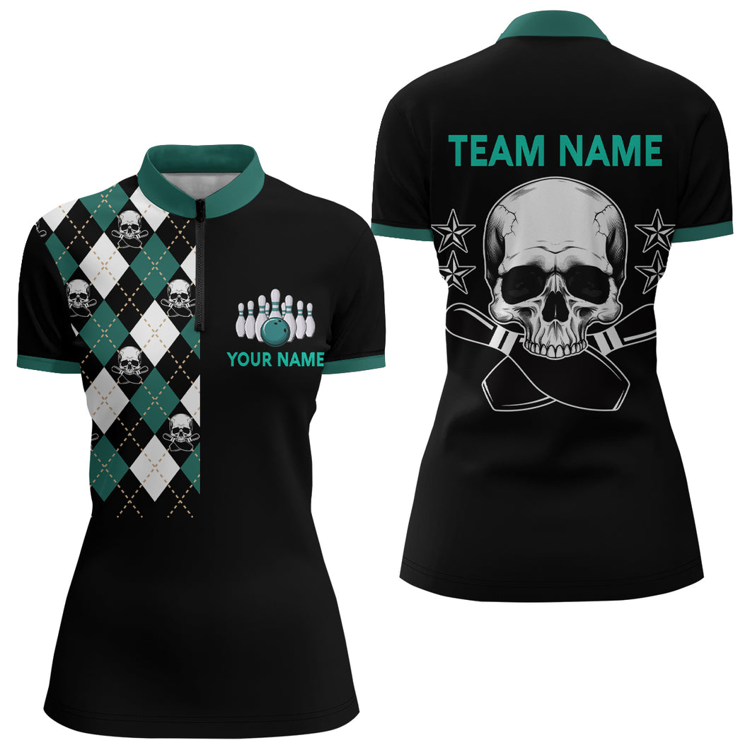 Skull Bowling Quarter Zip Shirt Women Custom Bowling Jersey Bowling Team 1/4 Zip Shirt BDT85