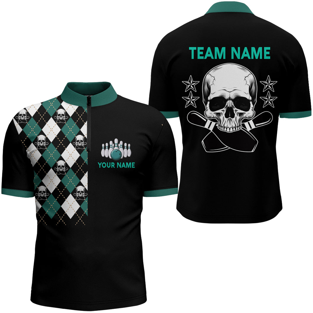 Skull Bowling Quarter Zip Shirt For Men Custom Black Bowling Jersey Team BDT84