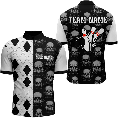 Skull Bowling Jersey Team League Custom Black Bowling Shirt Men Bowling Quarter-Zip Shirt BDT347