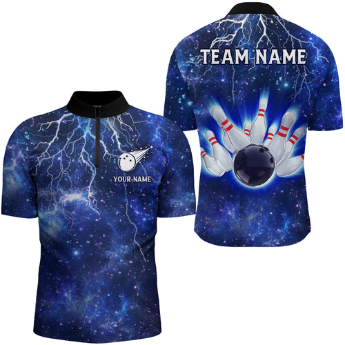 Custom Navy Bowling Quarter-Zip Shirt For Men Lightning Thunder Bowling Jersey Team League BDT331