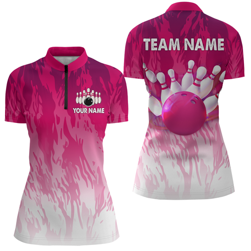 Pink Bowling Shirt For Women Couple Bowling Jersey Team Custom Bowling Quarter-Zip Shirt BDT341