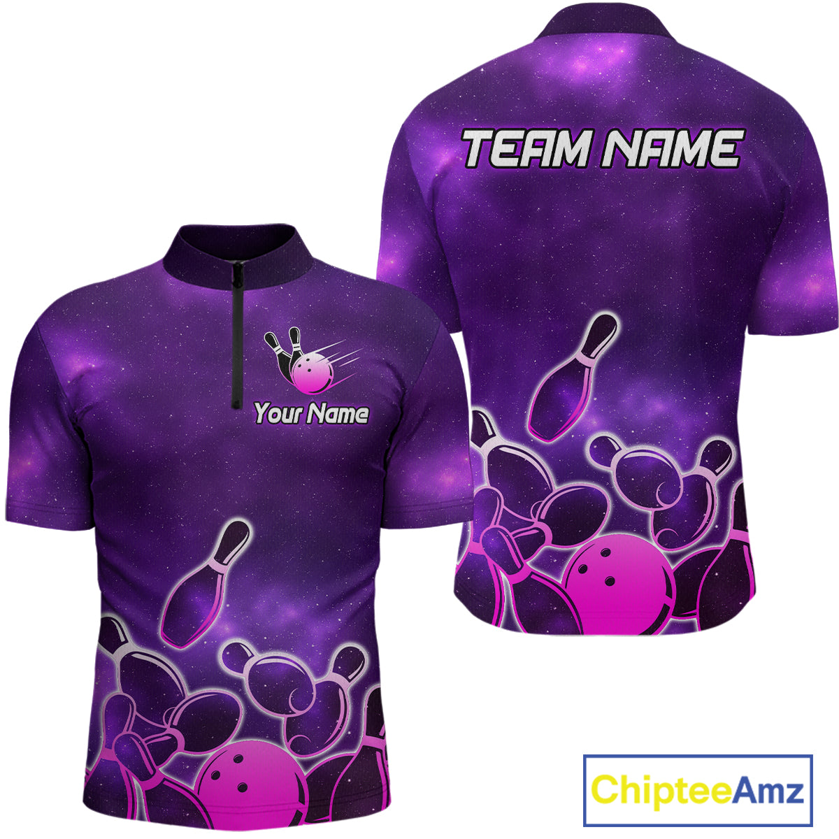 Purple Neon Bowling Shirts for Women Men Custom Team Bowling Polo & Quarter Zip MBL127