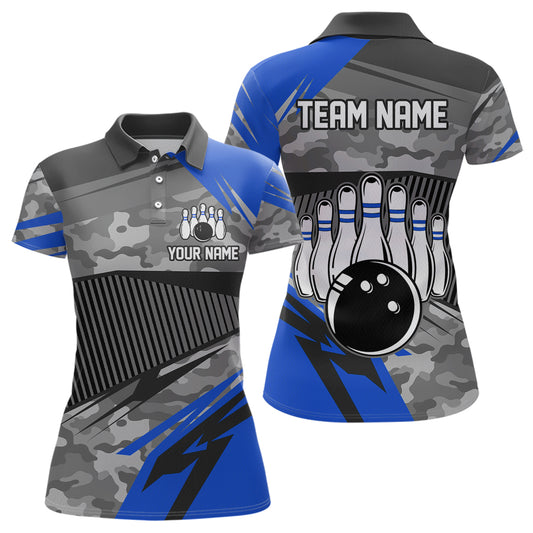 Blue Camo Bowling Shirts for Women Men Custom Team Bowling Polo & 1/4 Zip Shirt MBL61
