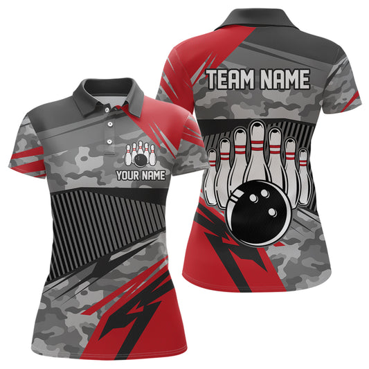 Red Camo Bowling Shirts for Women Men Custom Team Bowling Polo & 1/4 Zip Shirt MBL61