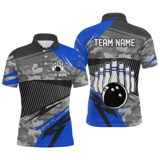 Blue Camo Bowling Shirts for Women Men Custom Team Bowling Polo & 1/4 Zip Shirt MBL61