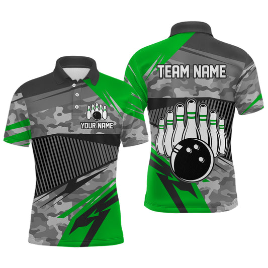 Green Camo Bowling Shirts for Women Men Custom Team Bowling Polo & 1/4 Zip Shirt MBL61