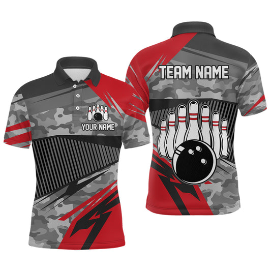 Red Camo Bowling Shirts for Women Men Custom Team Bowling Polo & 1/4 Zip Shirt MBL61