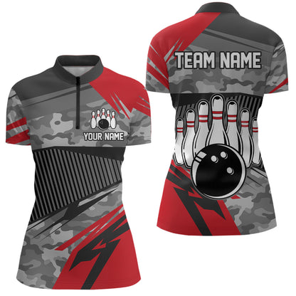 Red Camo Bowling Shirts for Women Men Custom Team Bowling Polo & 1/4 Zip Shirt MBL61