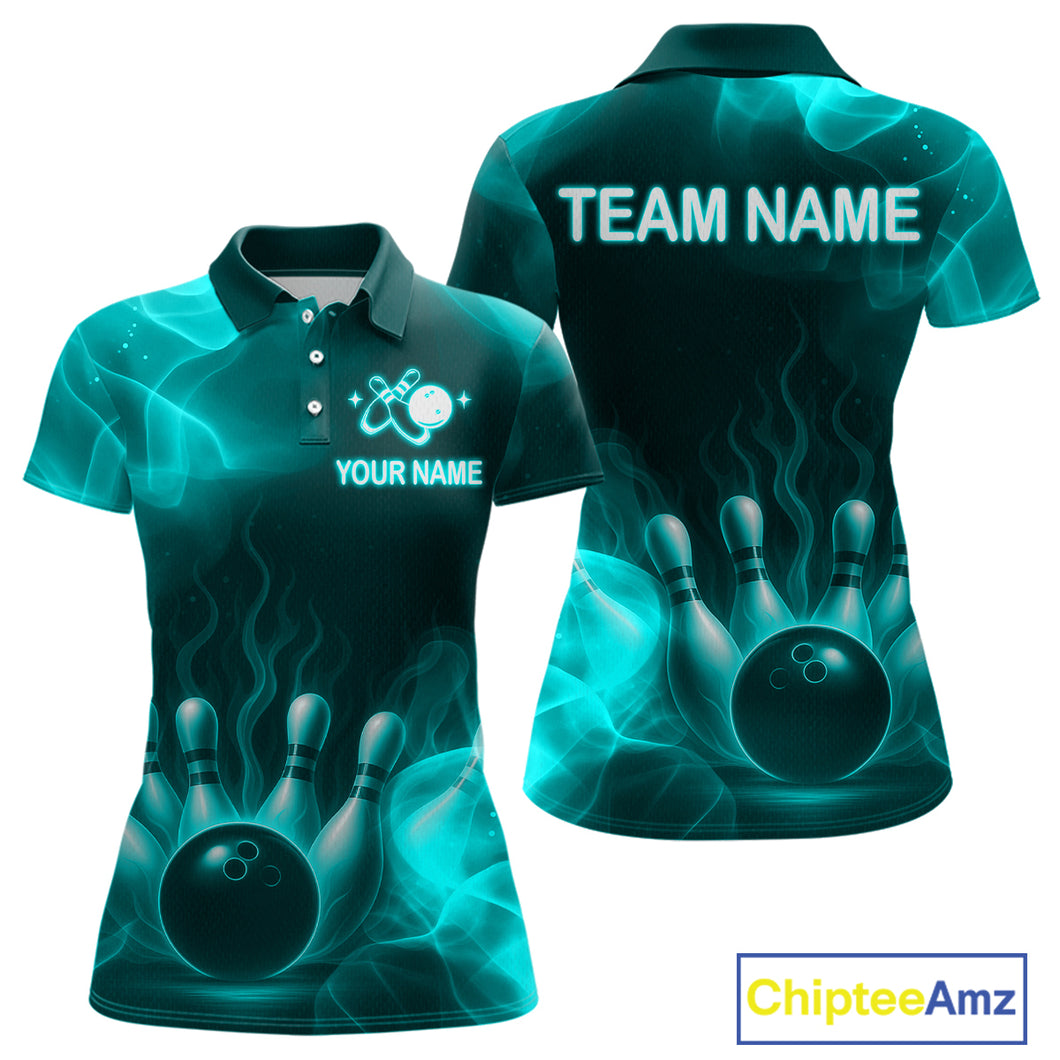 Teal Flaming Bowling Shirts for Women Men Custom Team Bowling Polo & Quarter Zip MBL140