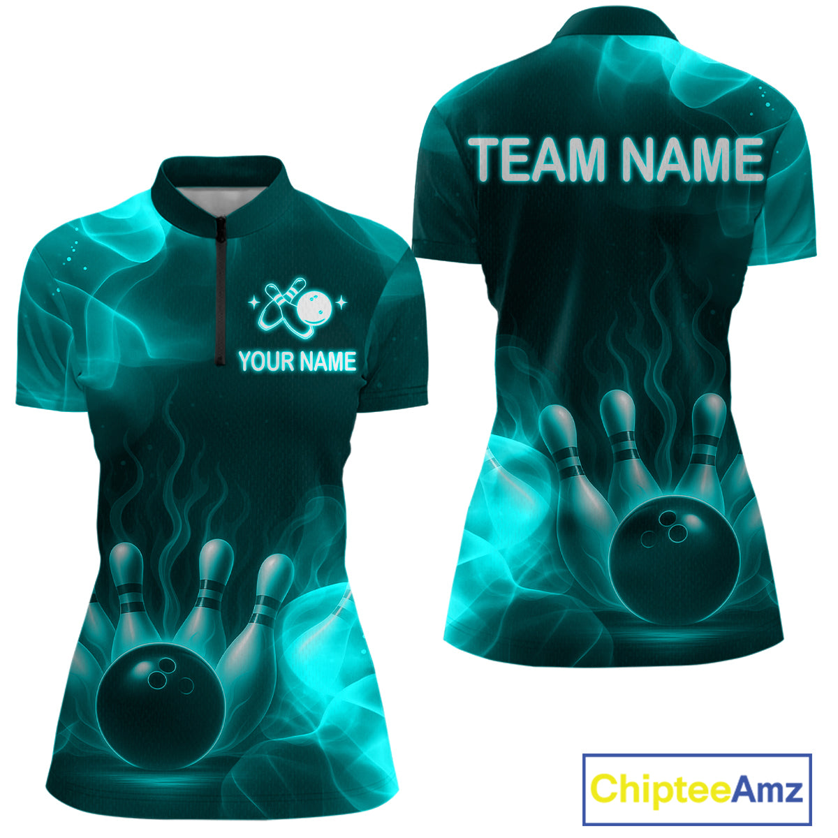 Teal Flaming Bowling Shirts for Women Men Custom Team Bowling Polo & Quarter Zip MBL140