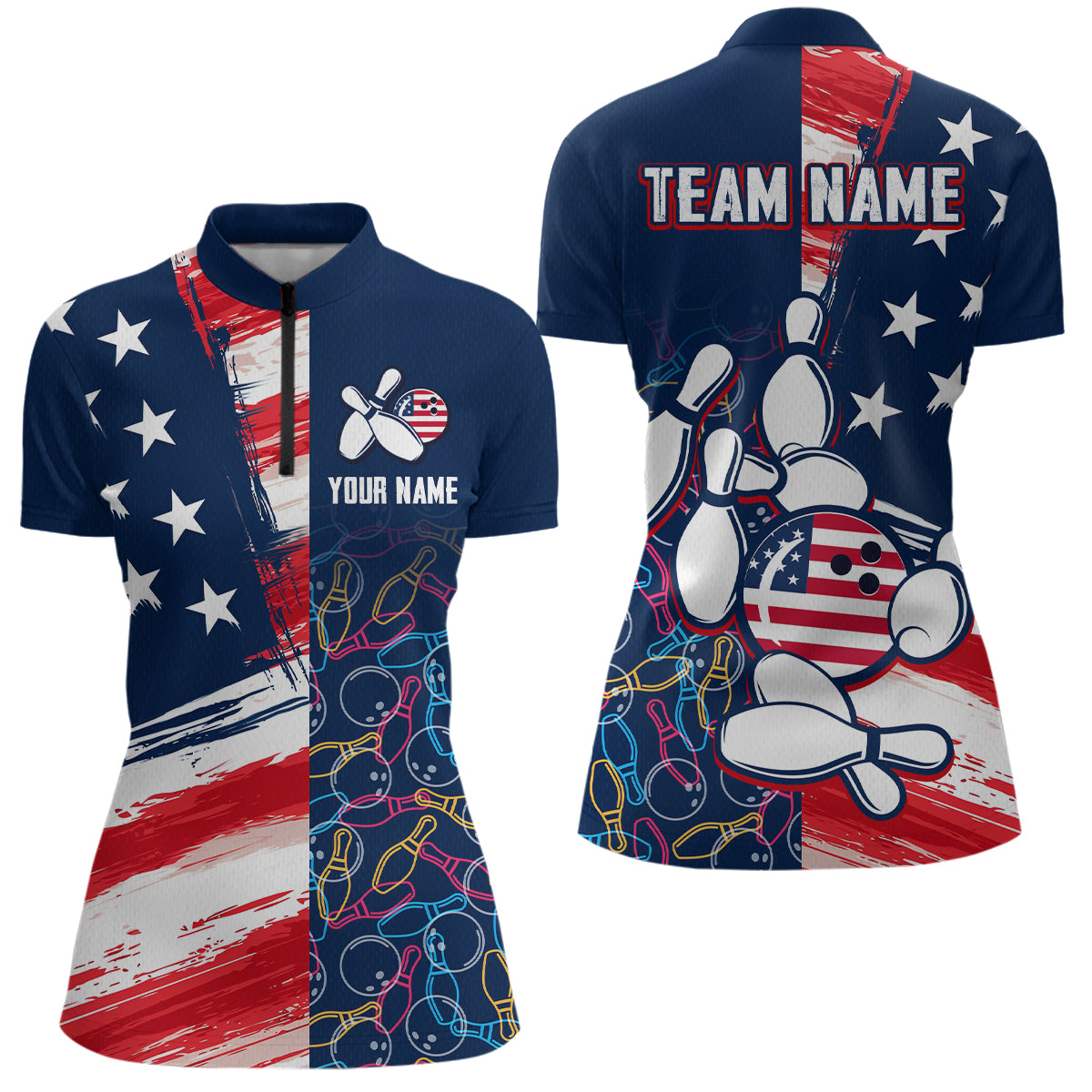 American Flag Bowling Shirts Patriotic Bowling Shirt for Men Women Polo&1/4 Zip Shirt MBL21