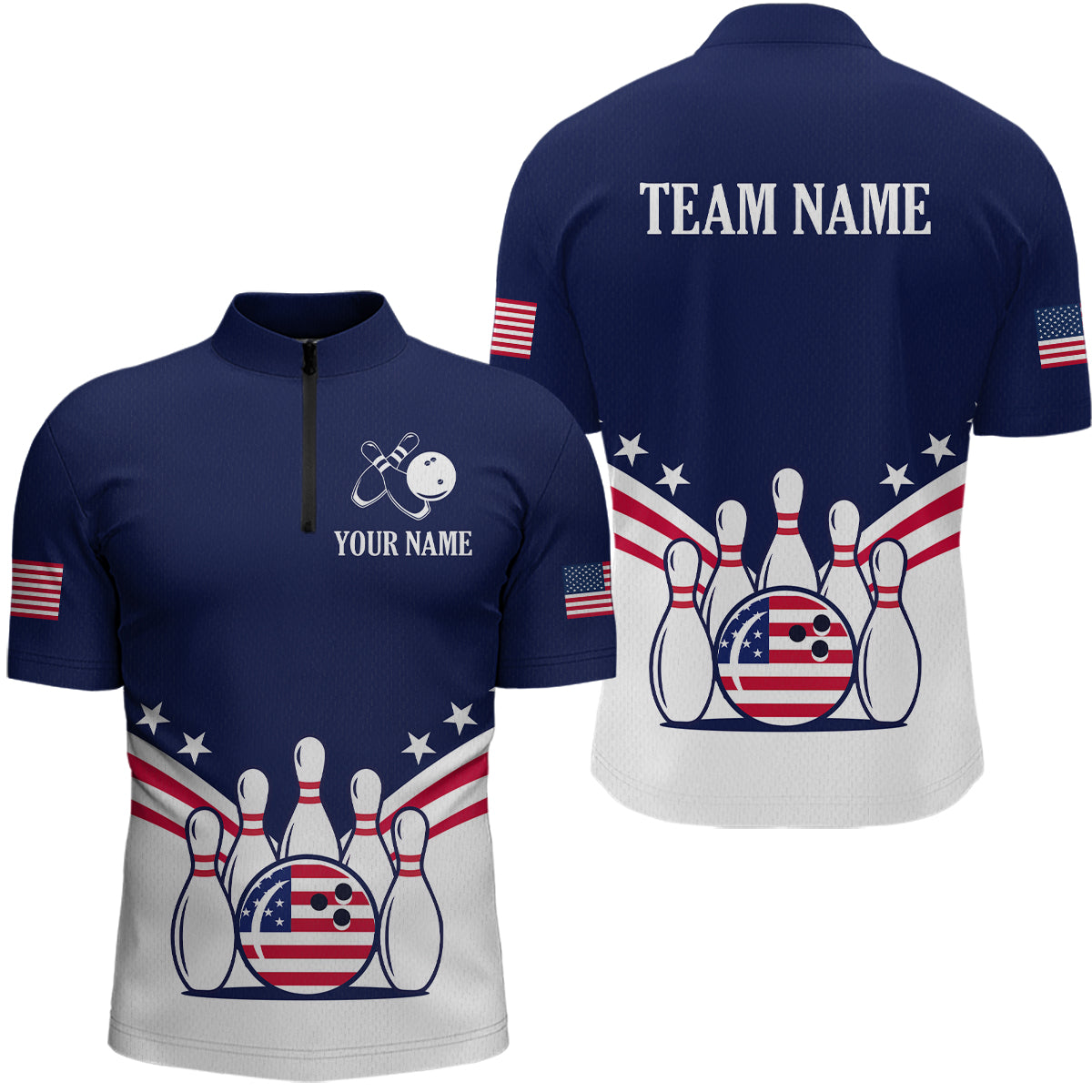 Patriotic Blue Bowling Shirt for Men Women Team Custom Bowling Polo & 1/4 Zip Shirt MBL30
