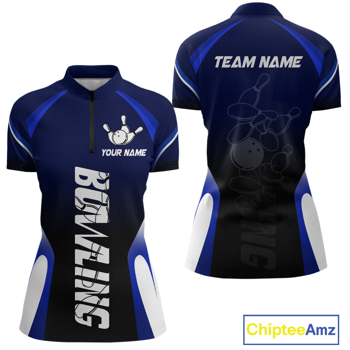 Custom Blue Bowling Shirt for Men Women Team Bowling Jerseys Polo 1/4 Zip MBL106