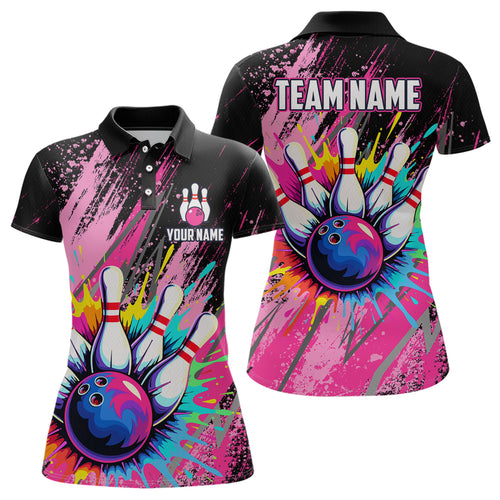 Custom Pink Bowling Shirt for Women Men Bowling Water Color Bowling Polo & 1/4 Zip Shirts MBL37