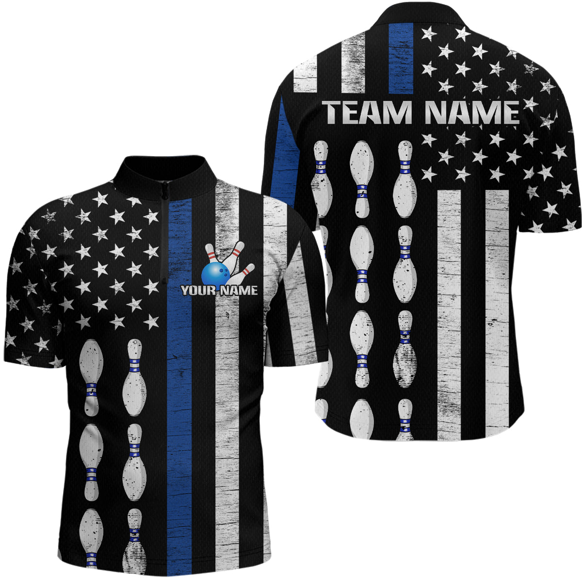 Custom Blue Bowling Shirts for Men Women Team Patriotic Bowling Polo & 1/4 Zip Shirt MBL39
