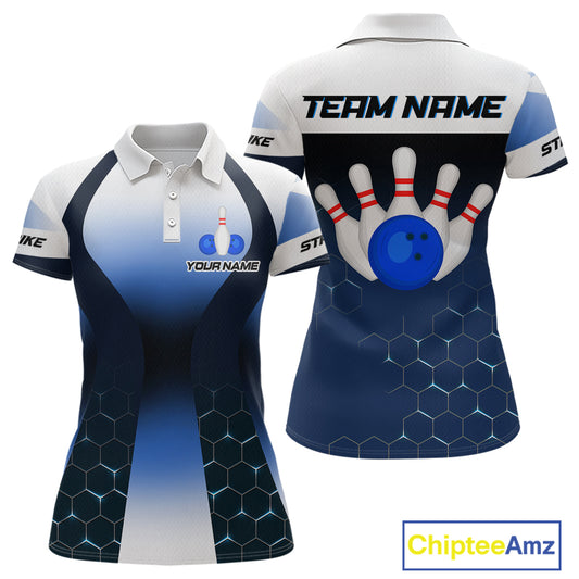 White and Blue Bowling Shirts for Men Women Team Custom Bowling Polo & Quarter Zip MBL105