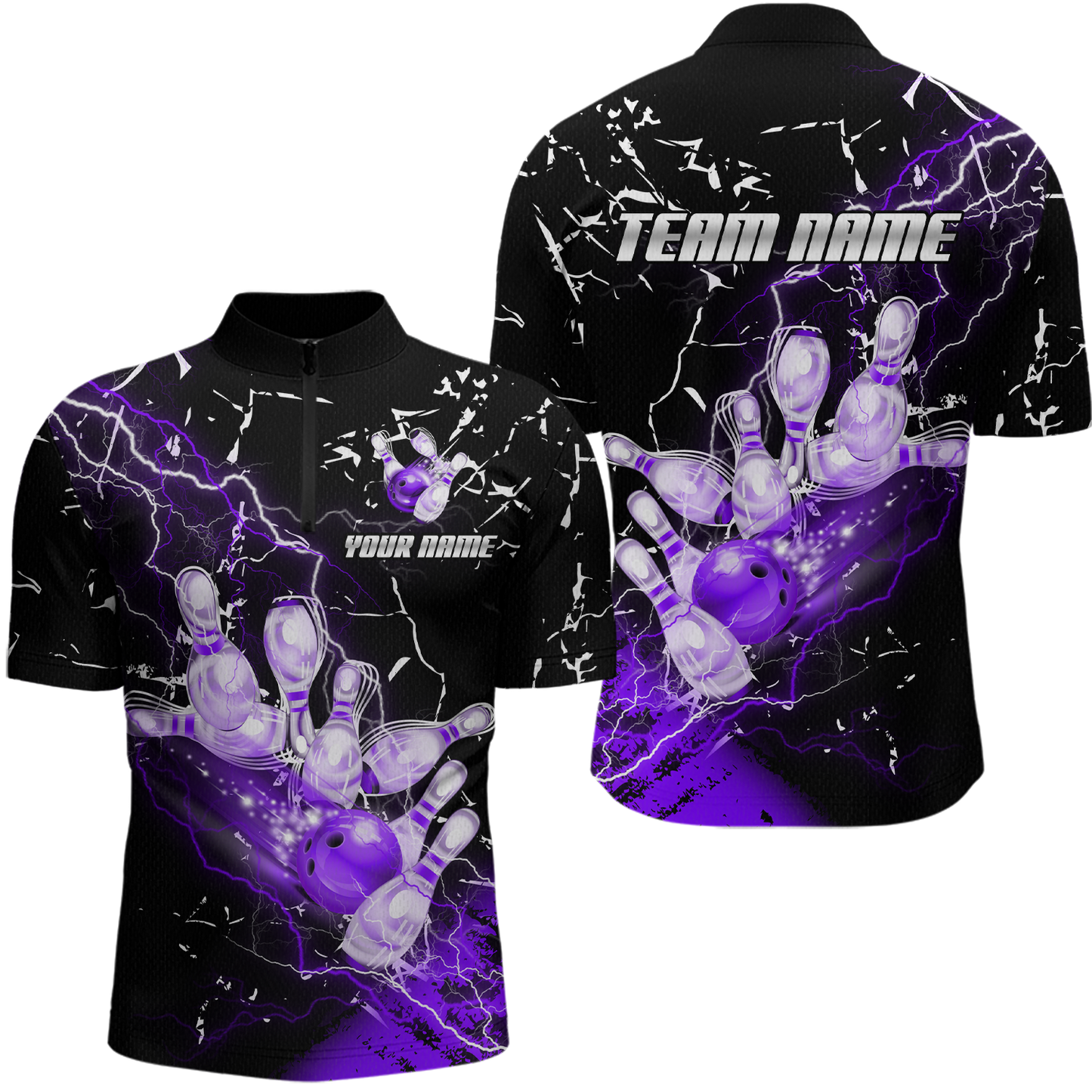 Custom Purple Lightning Bowling Shirts for Men Women Team Bowling Polo & 1/4 Zip MBL80